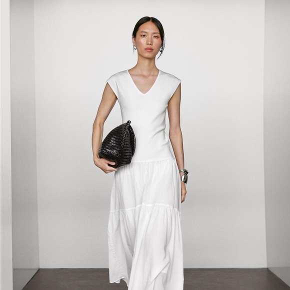 Massimo Dutti NWT long contrast v-neck dress white 6601/566 - Picture 1 of 8